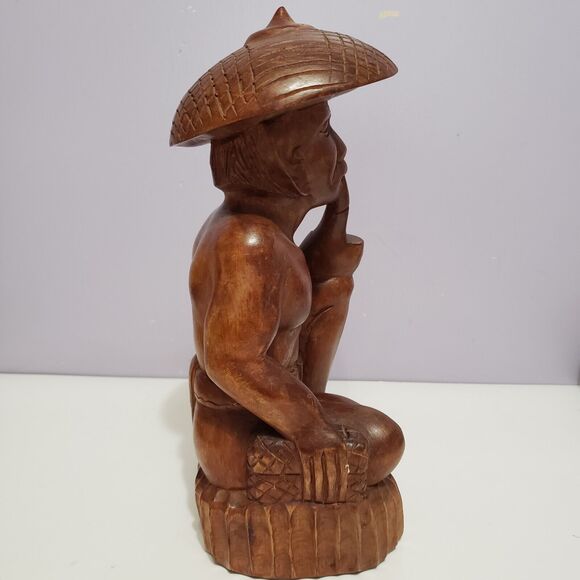 Wooden Folklore Hand Carved Asian Man Hat Pipe 11" Tall Home Decor - Picture 1 of 10